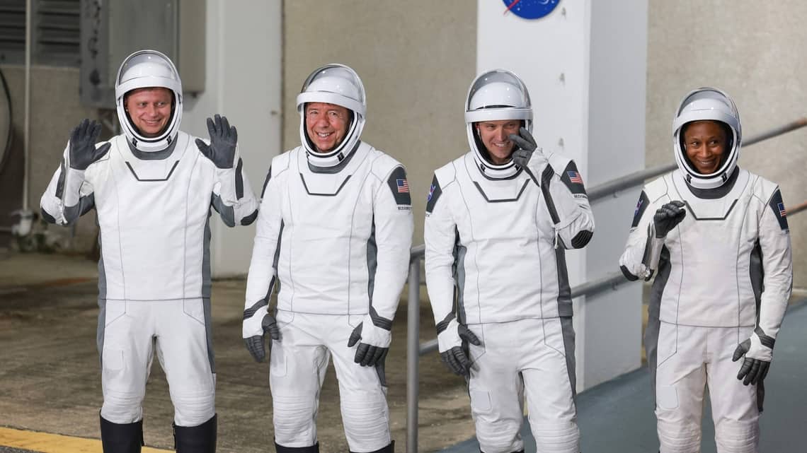 Crew-8 astronauts (L-R) Pilot Michael Barratt, Commander Matthew Dominick, Russian cosmonaut and Mission Specialist Alexander Grebenkin, and Mission Specialist Jeanette Epps.