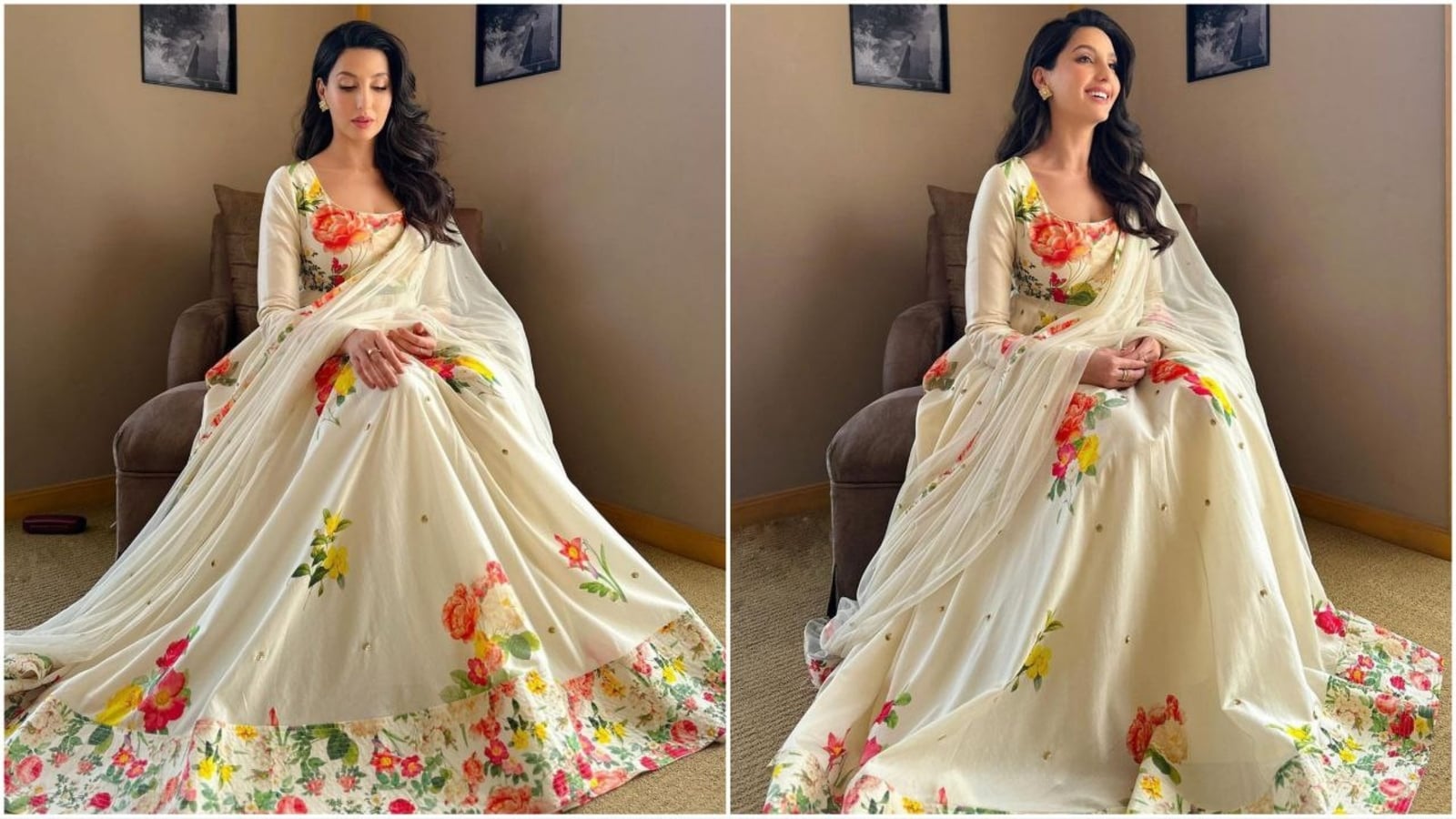 Nora Fatehi effortlessly radiates pure sophistication in an ivory anarkali suit adorned with exquisite floral patterns