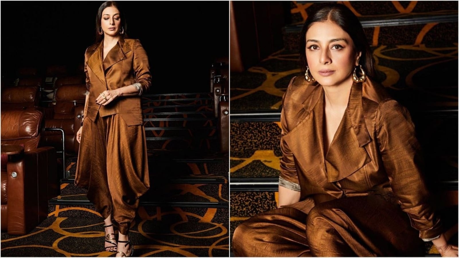 Tabu wows fans in stunning copper blazer and stylish dhoti pants look for Crew trailer launch. Check out her pics