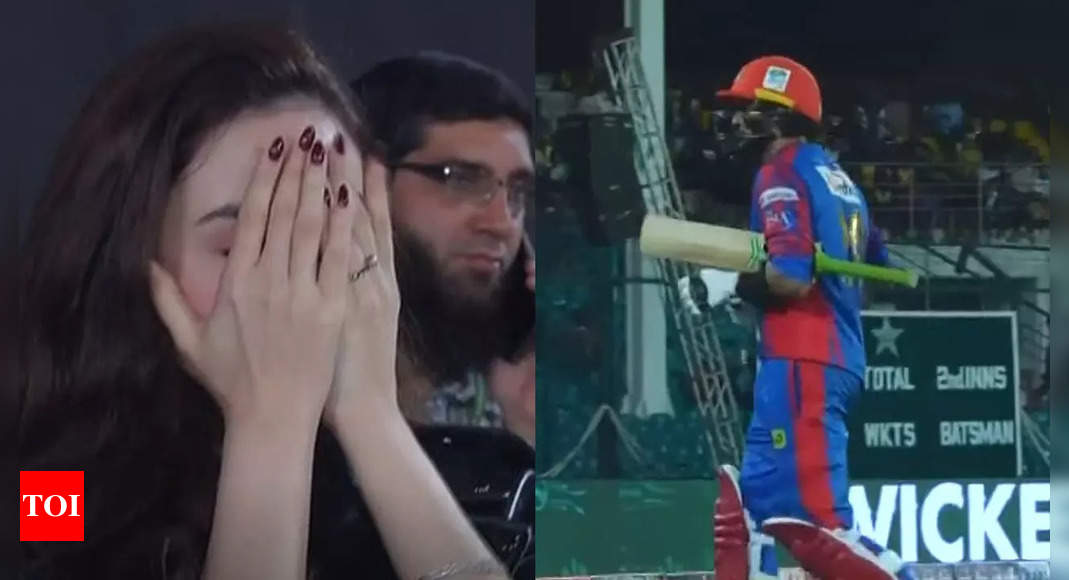 Watch: Sana Javed’s devastated reaction goes viral after Shoaib Malik gets knocked over during PSL match | Cricket News – Times of India