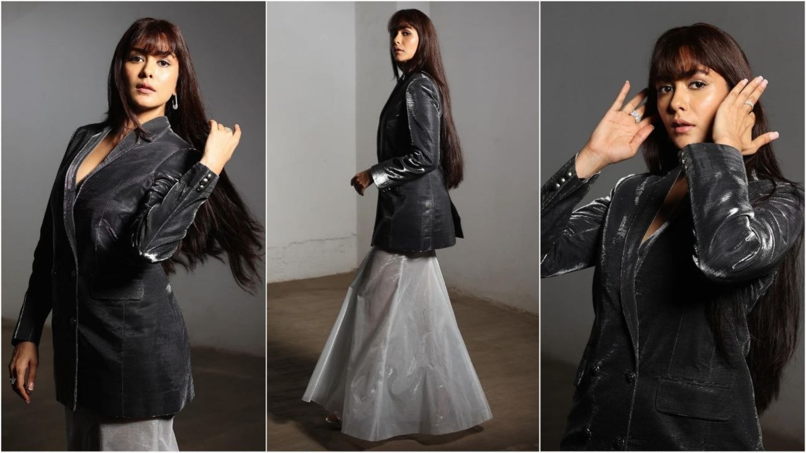 Mrunal Thakur turns heads in stylish blazer and skirt ensemble, accentuated by stunning bangs hairstyle. Check photos